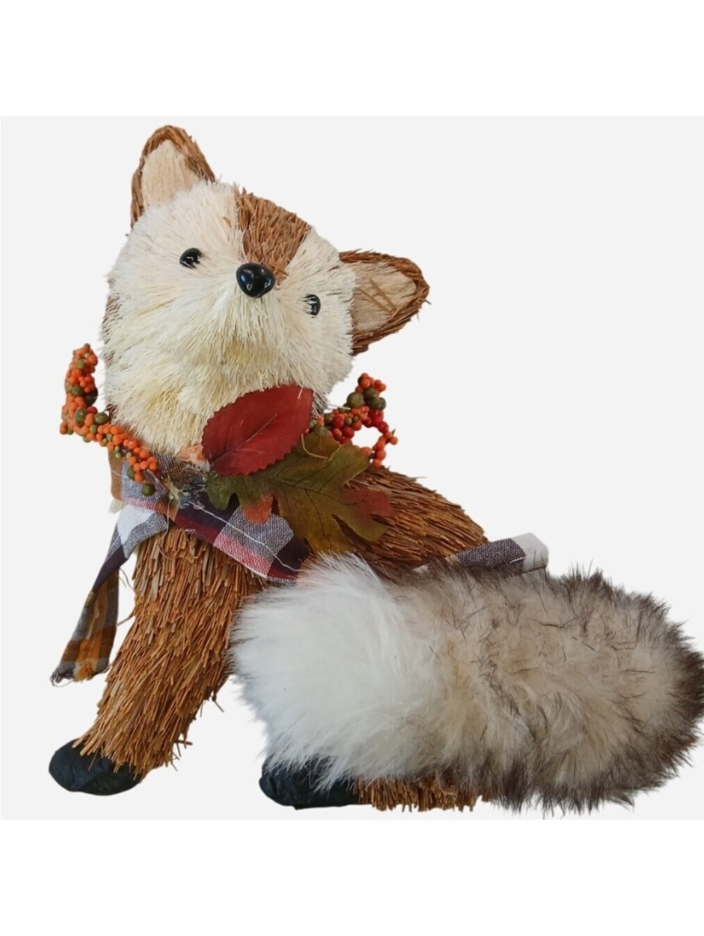Fall Sisal Straw Fox Figurine PlaidScarf Autumn Harvest Thanksgiving Table Decor